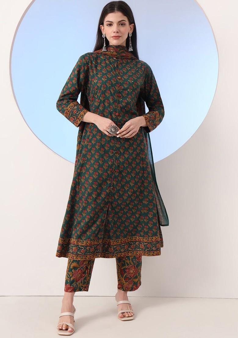 Green Printed Cotton Kurta Set