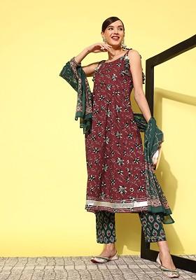 Maroon Printed Cotton Kurta Set