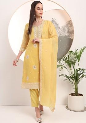 Yellow Embroidered Poly Blend Kurta Set