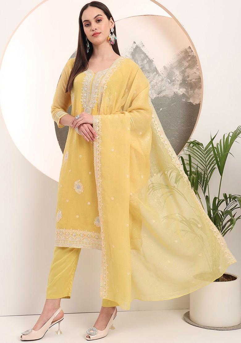 Yellow Embroidered Poly Blend Kurta Set