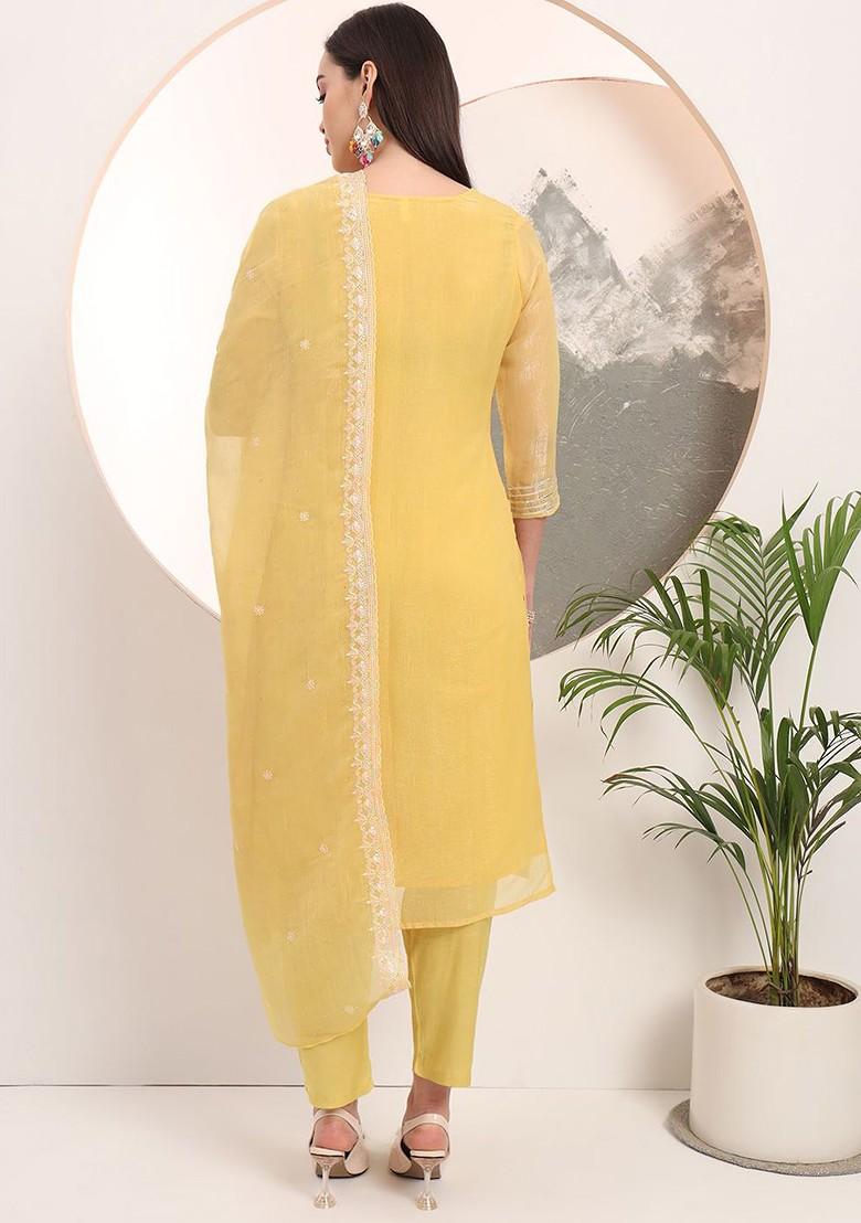 Yellow Embroidered Poly Blend Kurta Set