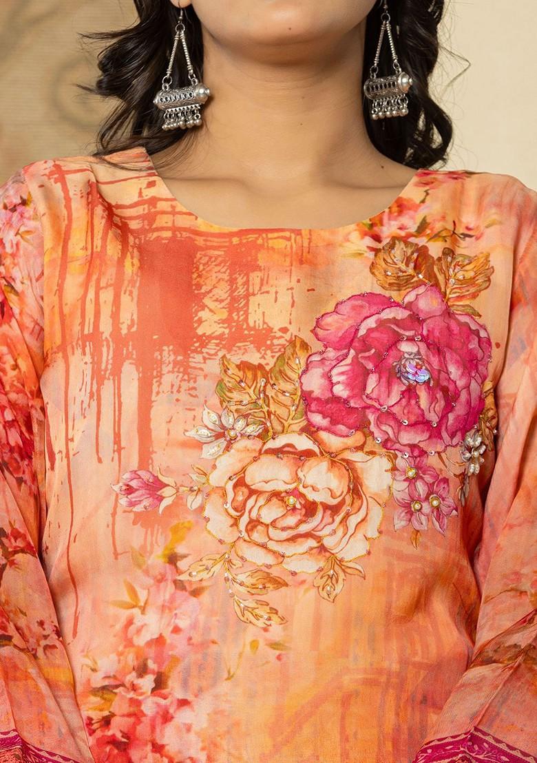 Pink Printed Poly Blend Kurta Set