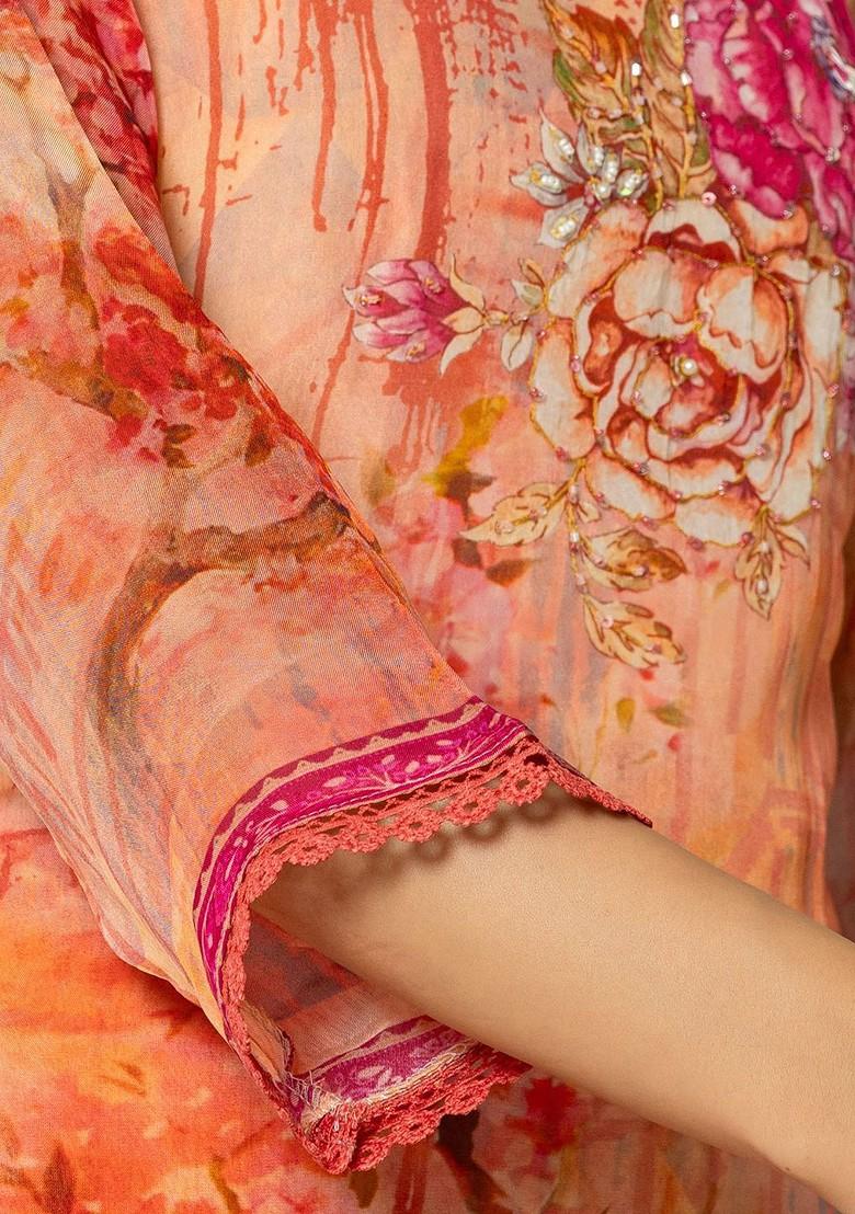 Pink Printed Poly Blend Kurta Set