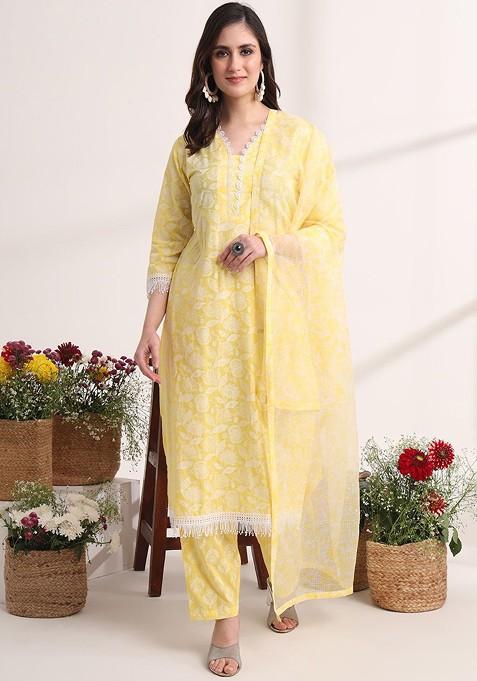 Yellow Embroidered Cotton Kurta Set