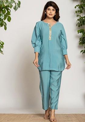 Blue Embroidered Poly Blend Co-Ord Set