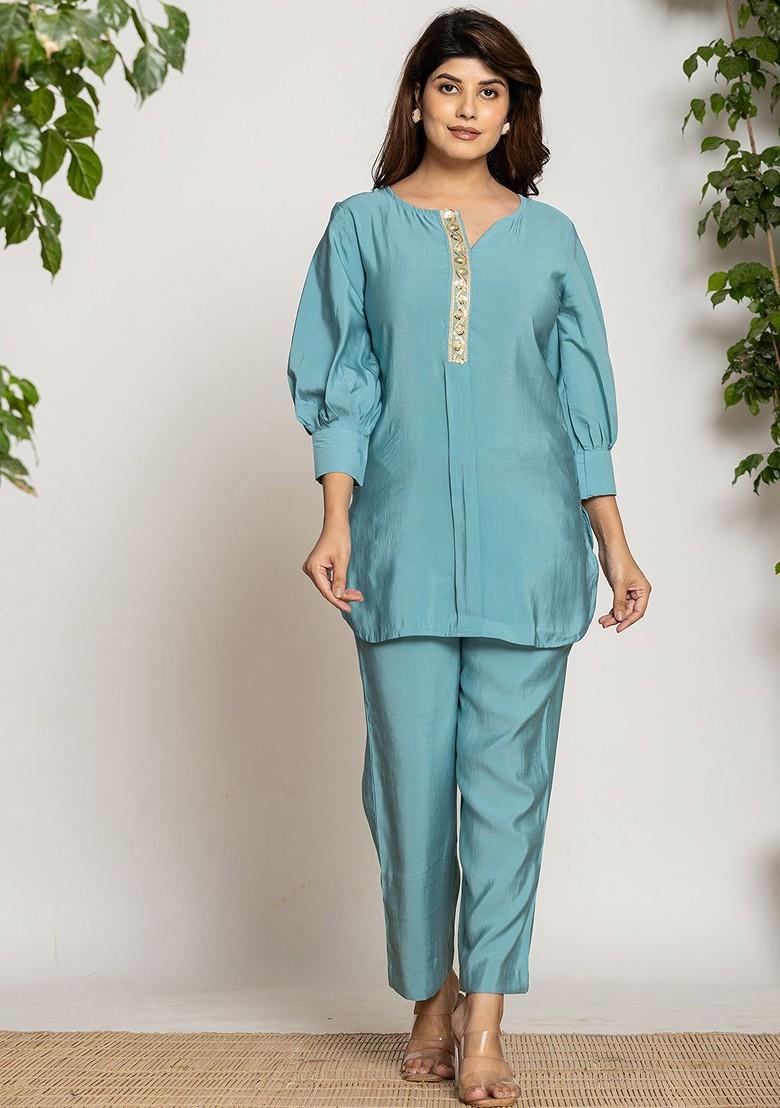 Blue Embroidered Poly Blend Co-Ord Set