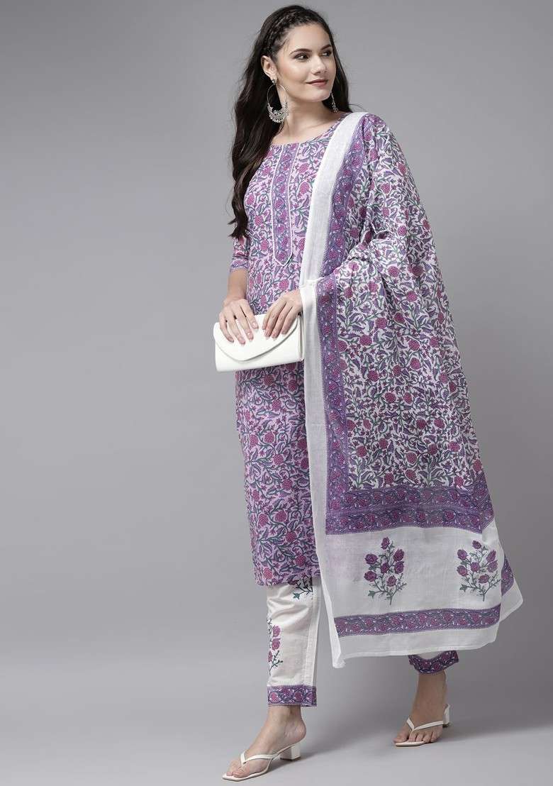 Purple Floral Print Blended Straight Kurta Set - Indya