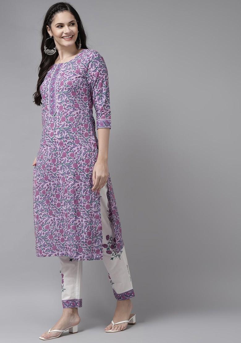 Purple Printed Poly Blend Kurta Set