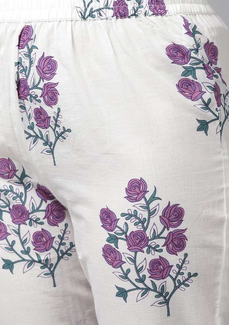Purple Floral Print Blended Straight Kurta Set - Indya