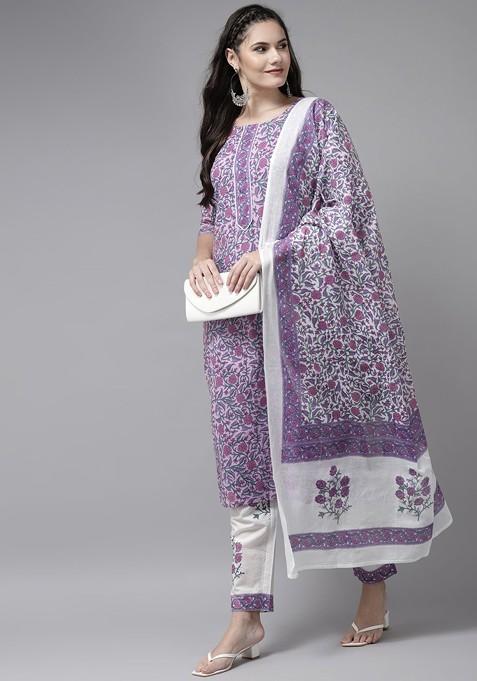 Purple Printed Poly Blend Kurta Set