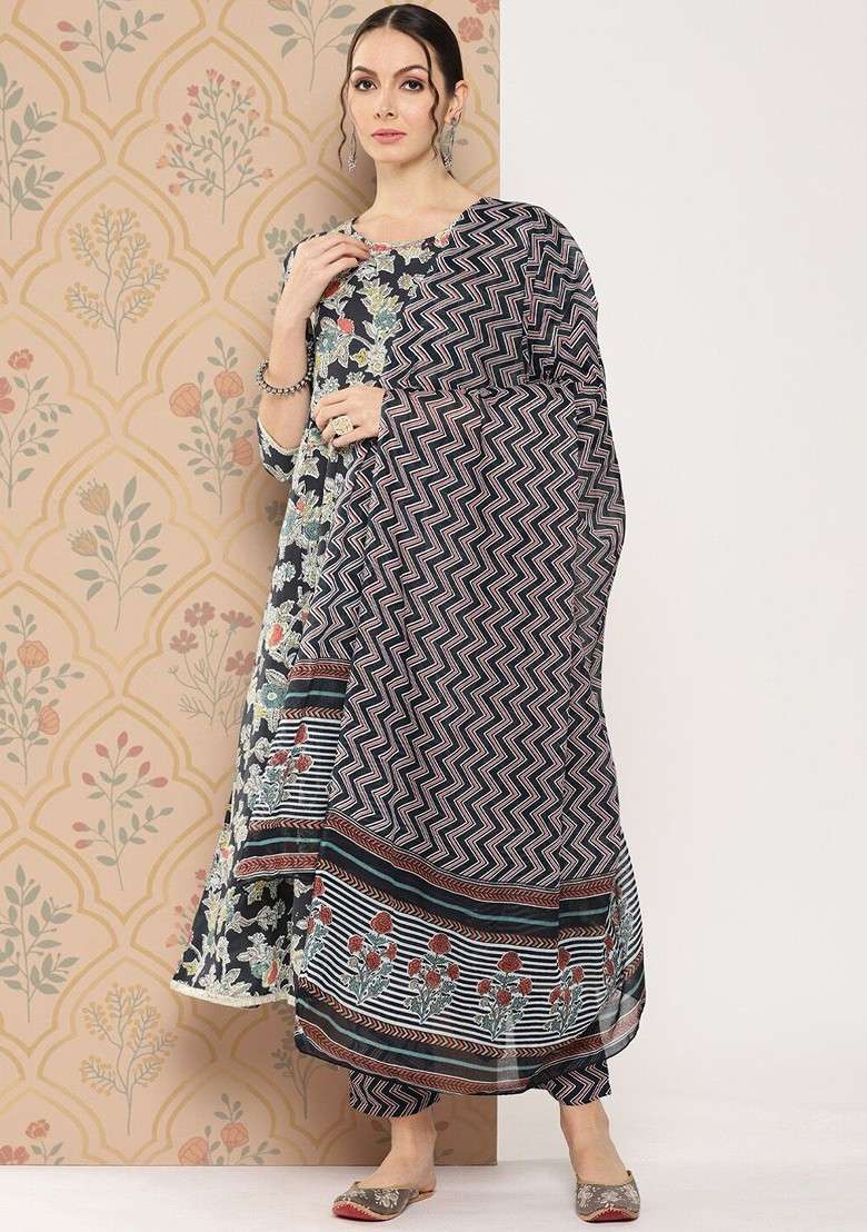 Black Printed Cotton Straight Kurta Set - Indya