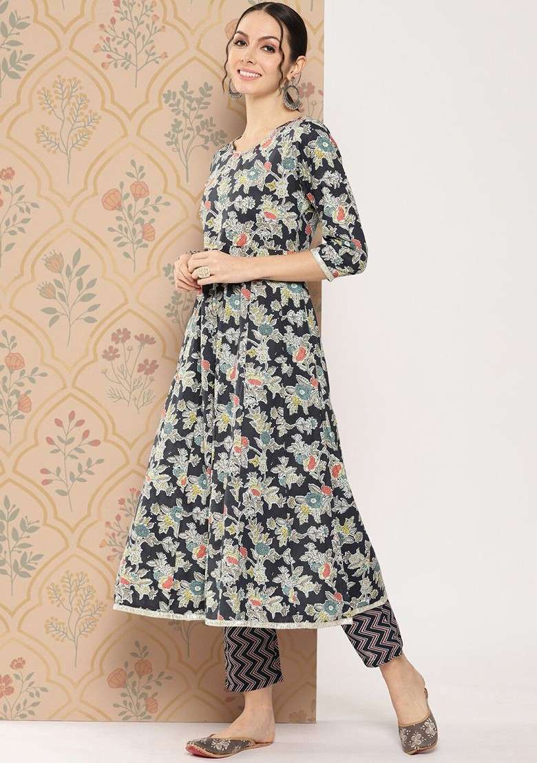 Black Printed Cotton Straight Kurta Set - Indya
