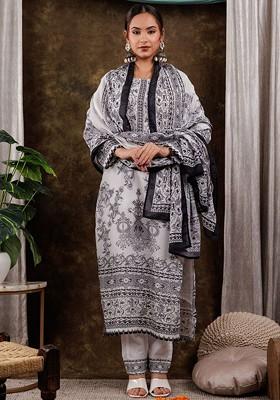 White Printed Cotton Kurta Set