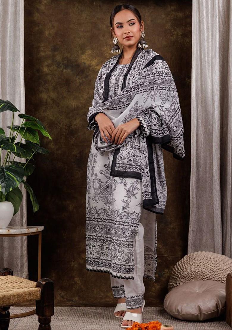 White Printed Cotton Kurta Set