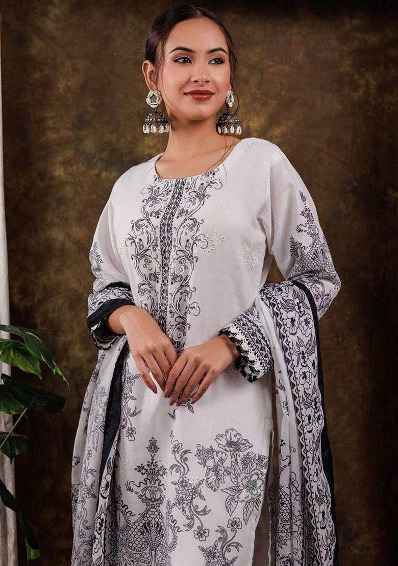 White Printed Cotton Kurta Set