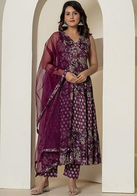 Purple Printed Cotton Kurta Set