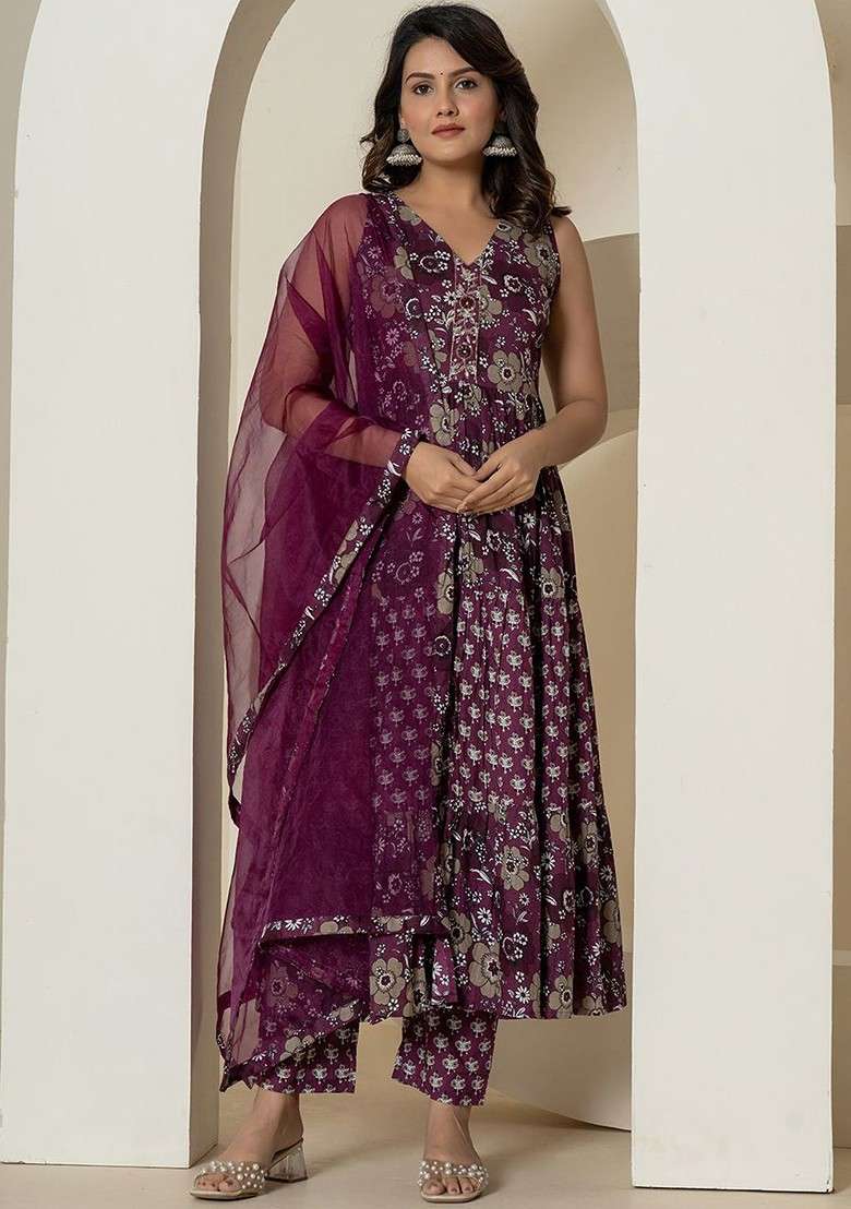 Purple Printed Cotton Anarkali Set - Indya