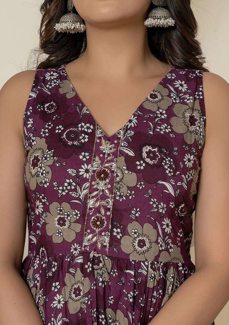 Purple Printed Cotton Anarkali Set - Indya