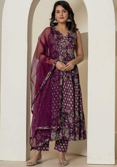 Purple Printed Cotton Kurta Set