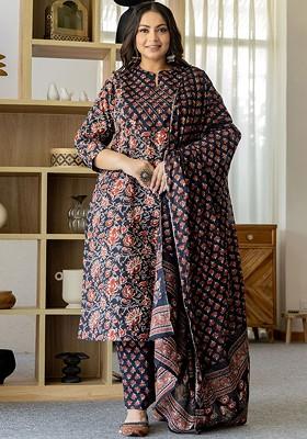 Black Printed Cotton Kurta Set