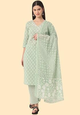 Green Printed Cotton Kurta Set