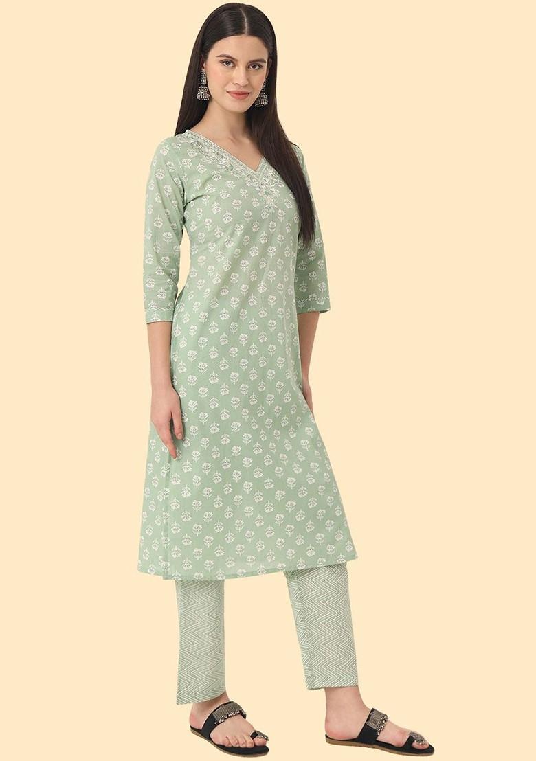 Green Printed Cotton Kurta Set