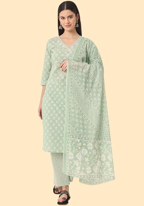 Green Chikankari Cotton Straight Kurta Set — view on Indya