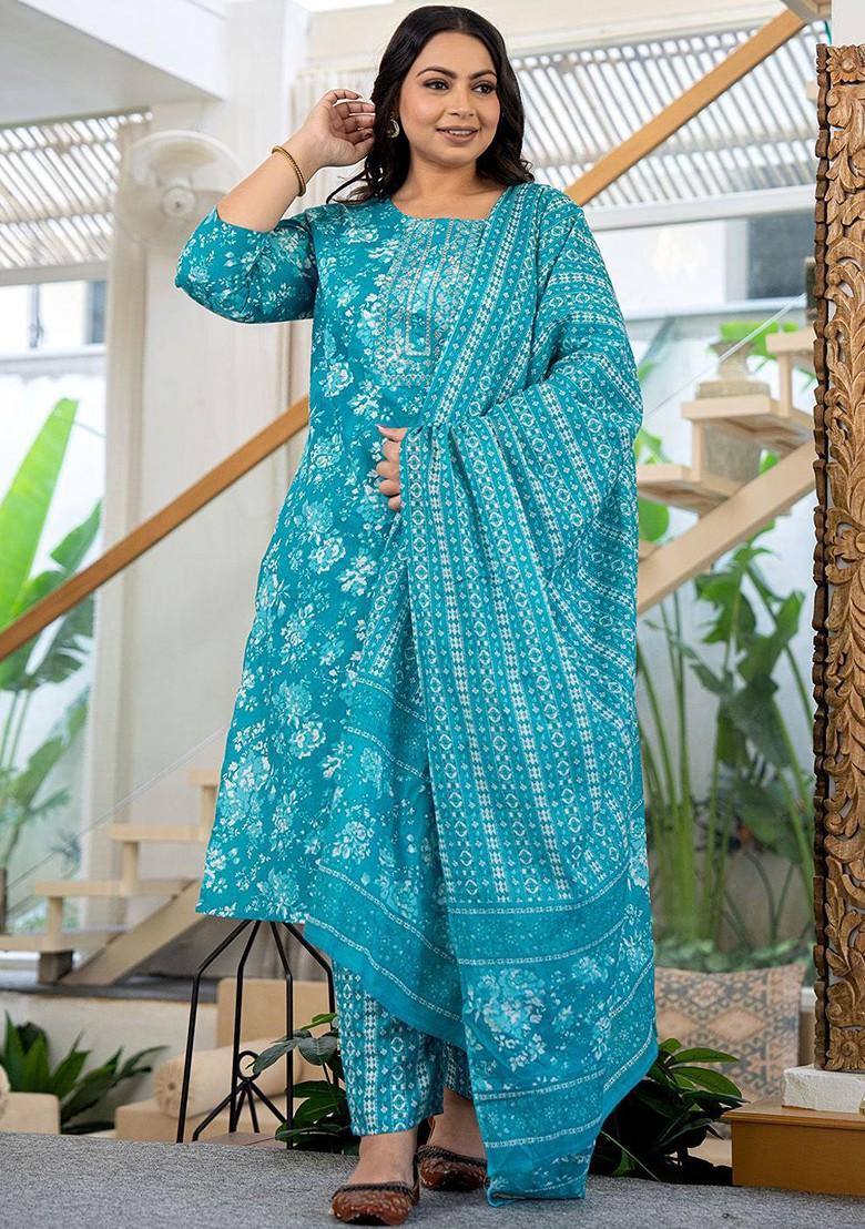 Blue Printed Cotton Kurta Set