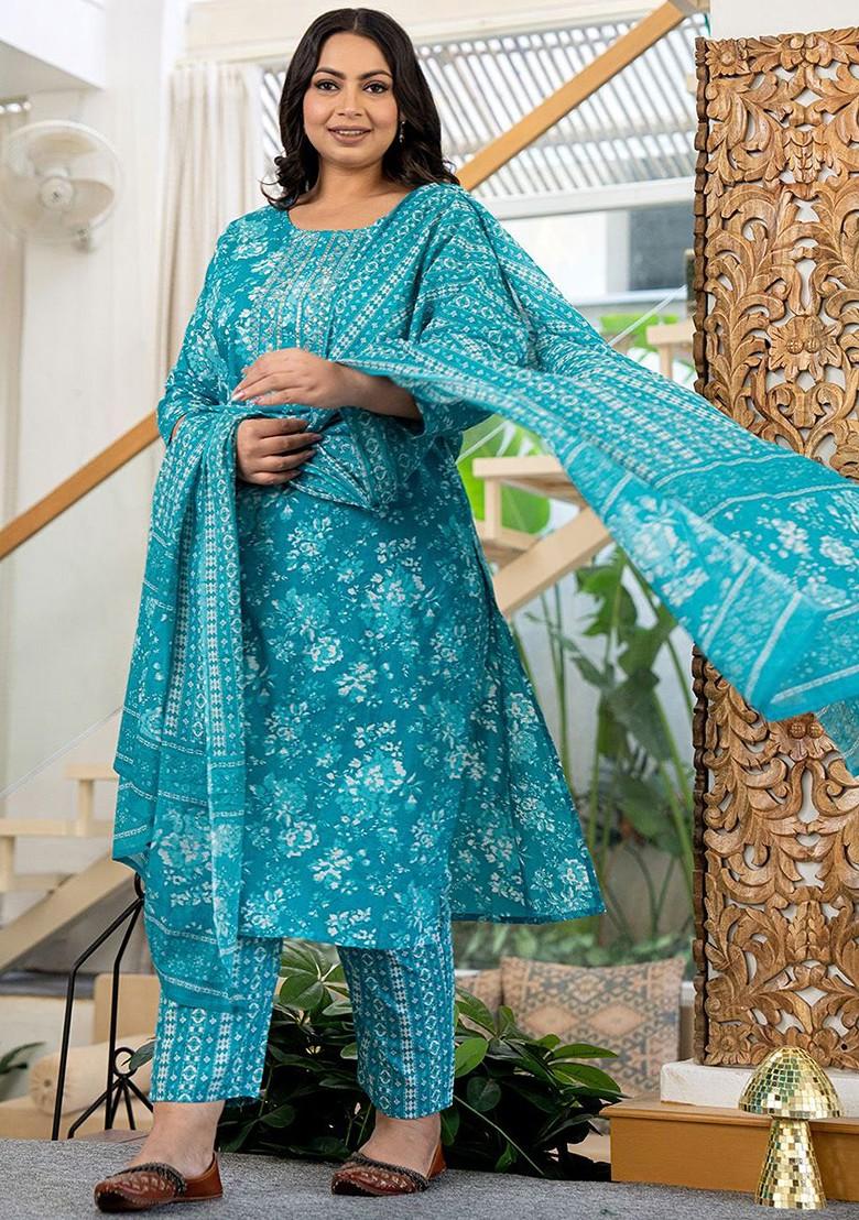 Blue Printed Cotton Kurta Set