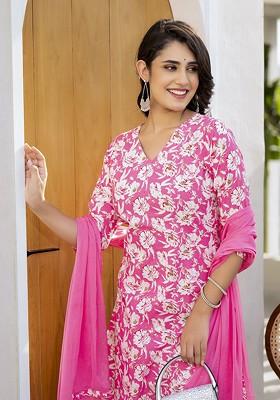 Pink Printed Cotton Kurta Set