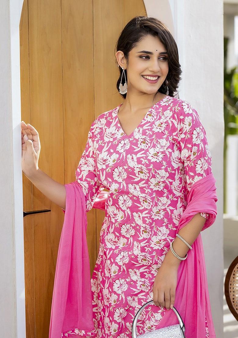 Pink Printed Cotton Kurta Set
