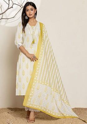 White Printed Cotton Kurta Set