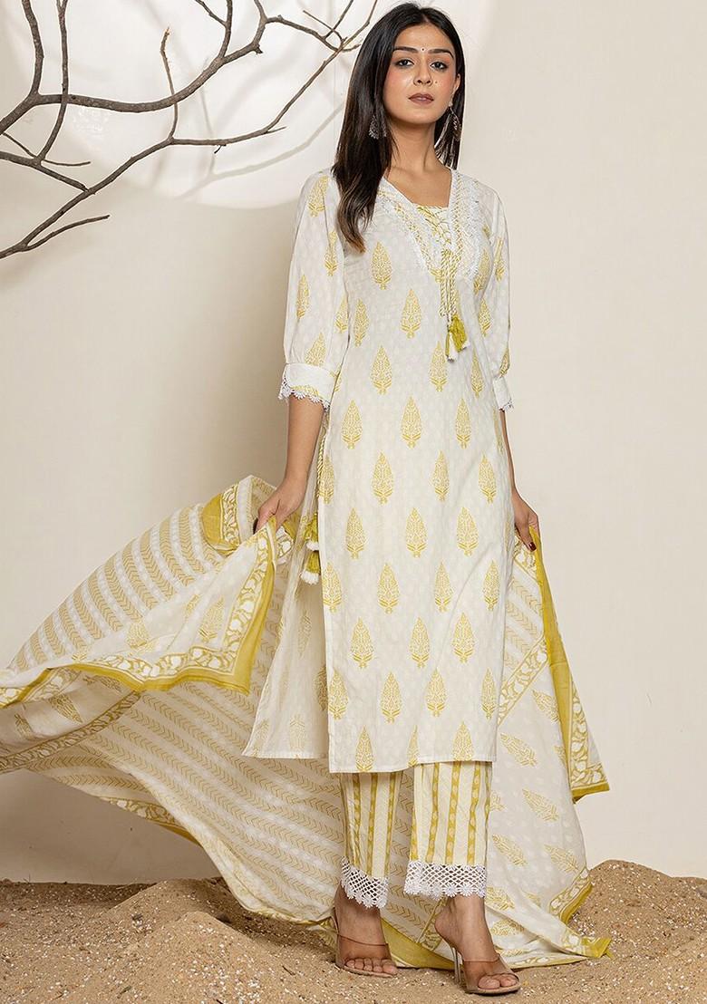 White Printed Cotton Kurta Set