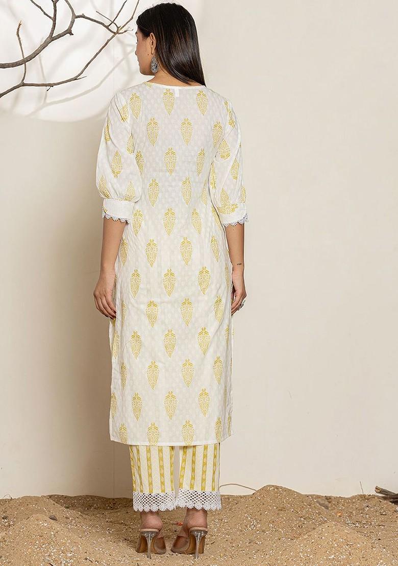 White Printed Cotton Kurta Set