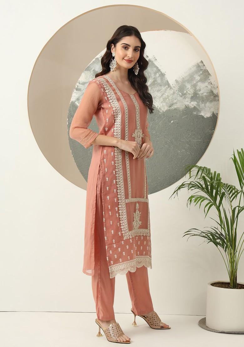Orange Embroidered Chiffon Kurta Set