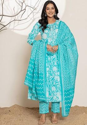 Blue Printed Cotton Kurta Set