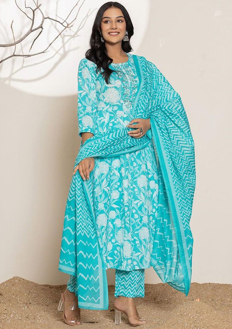 Blue Printed Cotton Kurta Set