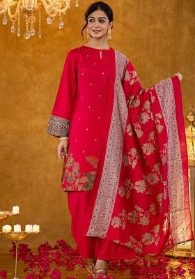 Pink Printed Poly Blend Kurta Set