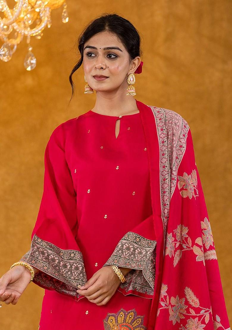 Pink Printed Poly Blend Kurta Set