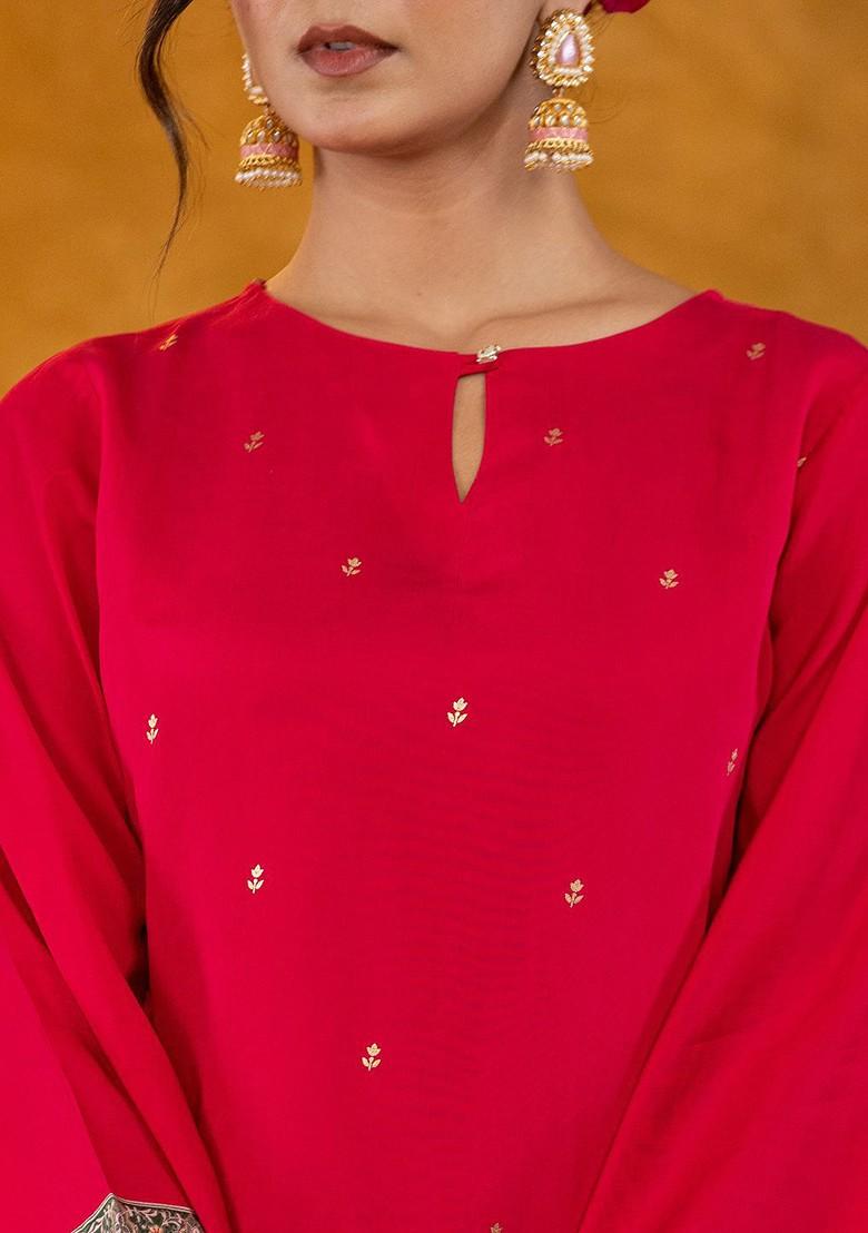 Pink Printed Poly Blend Kurta Set