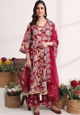 Red Printed Cotton Kurta Set