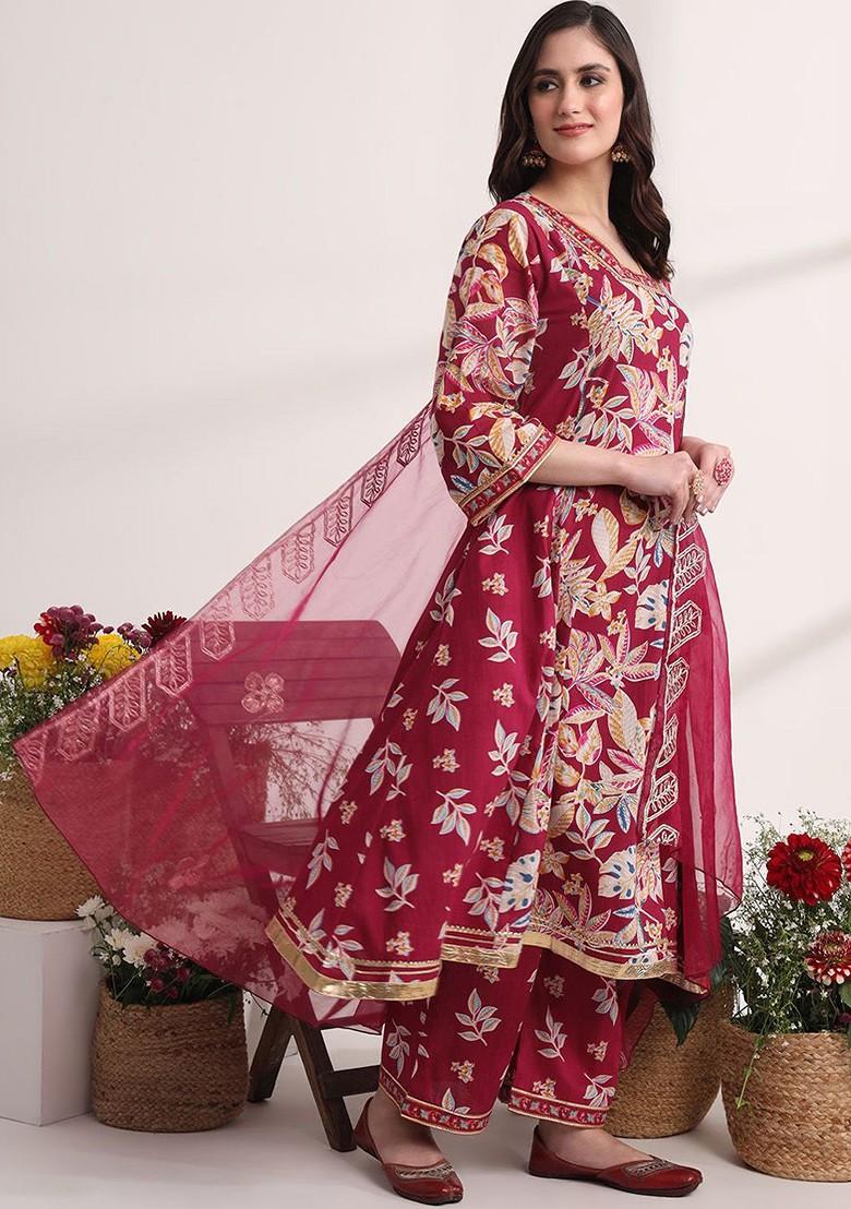 Red Printed Cotton Kurta Set