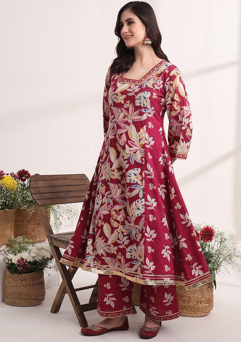Red Printed Cotton Kurta Set