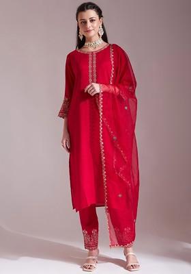 Red Embroidered Poly Blend Kurta Set
