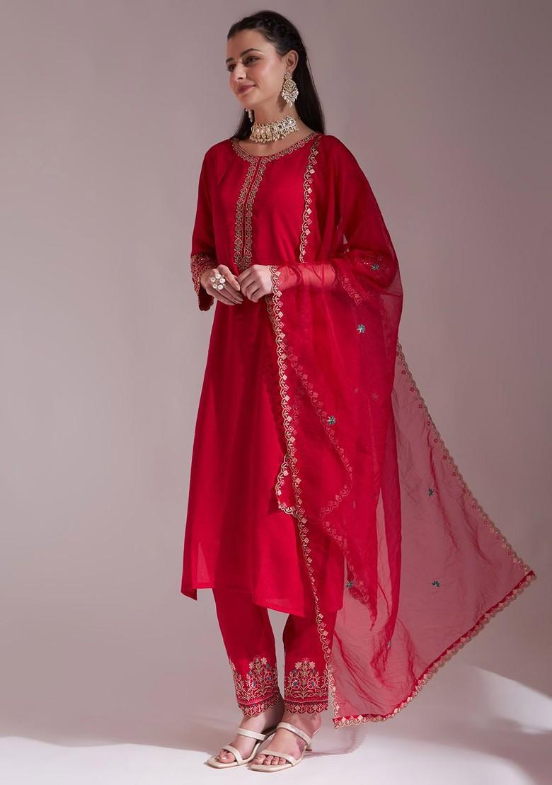Red Embroidered Poly Blend Kurta Set
