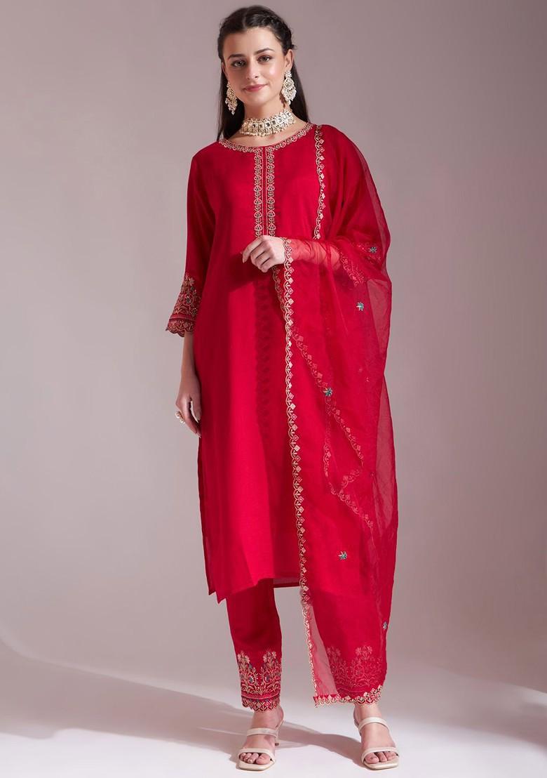 Red Embroidered Poly Blend Kurta Set