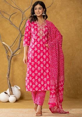 Pink Embroidered Cotton Kurta Set