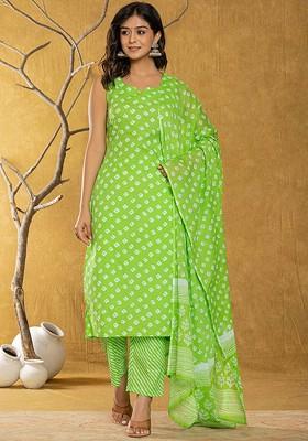 Green Bandhani Print Cotton Kurta Set