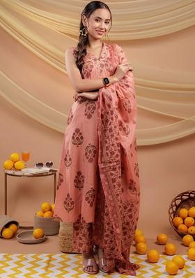 Peach Floral Print Cotton Kurta Set