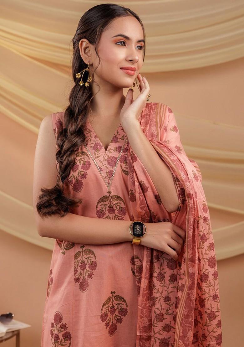 Peach Floral Print Cotton Kurta Set